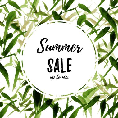 Yeni koleksiyon. Beyaz daire kare yaz tropikal arka planda. Modern suluboya bambu egzotik bırakır. Vektör çizim.