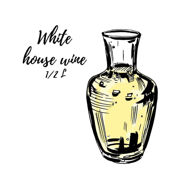 Jarra de cristal llena de vino blanco, aislada de blanco. Vector ilustración dibujada a mano — Vector de stock