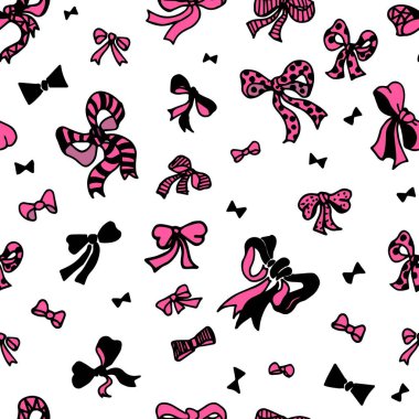 Pembe ve siyah beyaz arka plan sorunsuz vektör desen yay. Yüzey desen tasarımı, ambalaj, tekstil, Hediyelik ambalaj kağıdı için