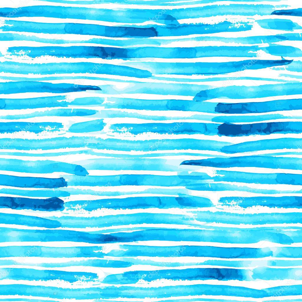 Blue and turquoise watercolor brush stroke stripes seamless vector pattern