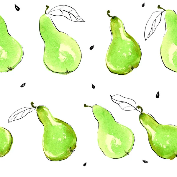Bright light green watercolor pears seamless hand drawn pattern with seeds and leaves — Stock Photo, Image