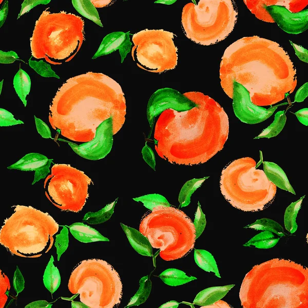 Oranges aquarelle avec des feuilles motif sans couture sur fond noir — Photo