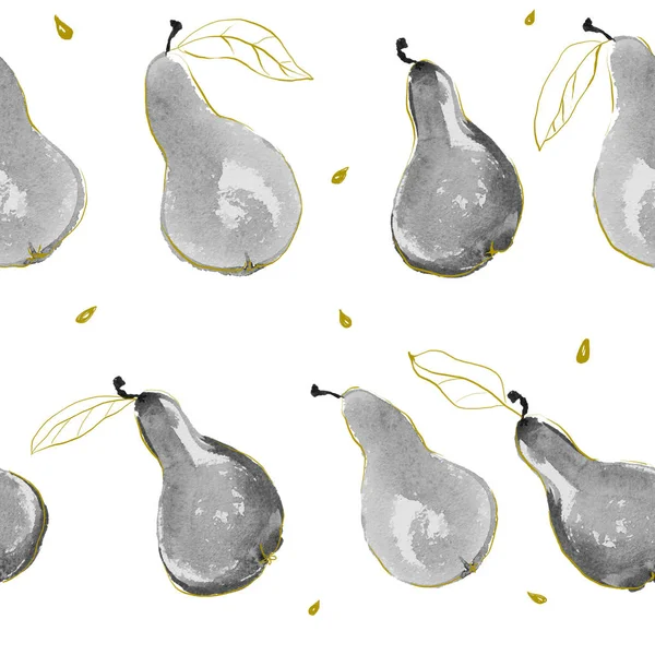 Watercolor pears seamless hand drawn pattern with seeds and golden leaves — Stock Photo, Image