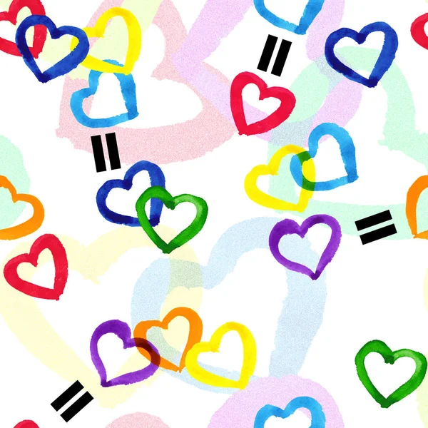 Rainbow hearts pride theme seamless watercolor pattern.