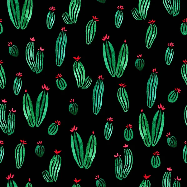 Cactus con flores acuarela patrón de superficie sin costuras sobre fondo negro — Foto de Stock