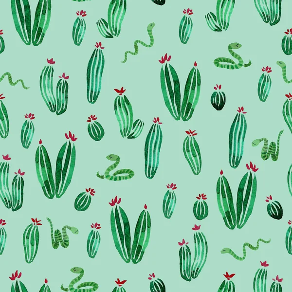 Cactus y serpientes patrón de acuarela inconsútil horizontal sobre fondo verde claro —  Fotos de Stock