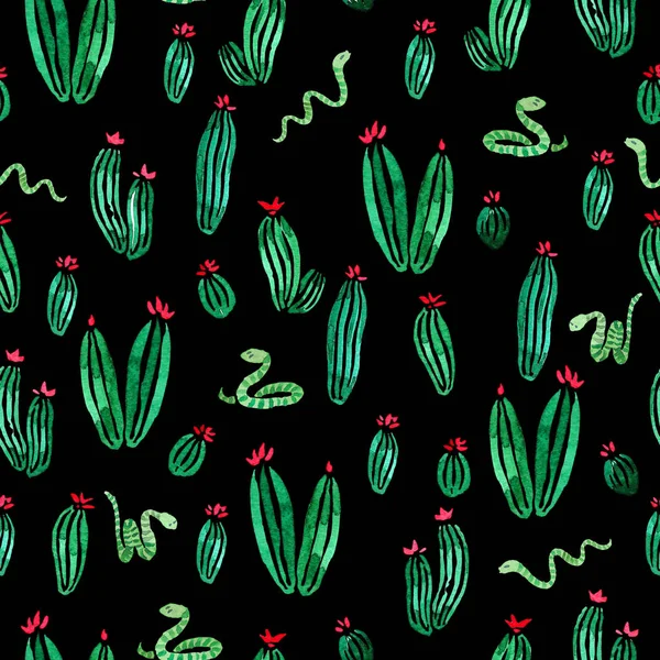 Serpientes y plantas de cactus con flores acuarela patrón de superficie transparente sobre fondo negro —  Fotos de Stock