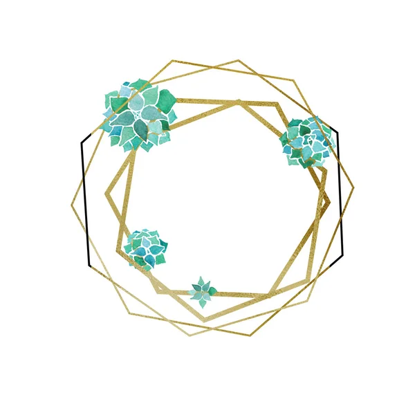 Aquarela suculentas e hexágono dourado e polígonos quadro minimalista geométrico — Fotografia de Stock