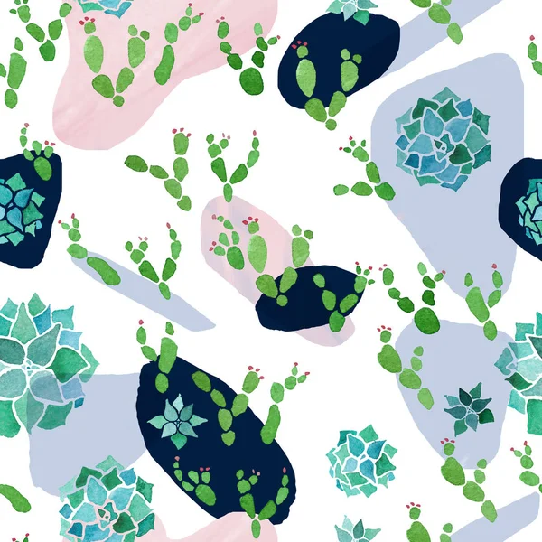 Abstract minimalist seamless pattern. Pastel rose, blue and black stains with watercolor cactus and echeveria plants on white background