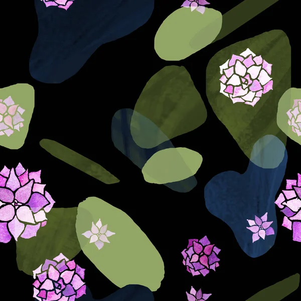 Abstraktní vzor bezešvé minimalistické. Zelené a modré skvrny s pastelově růžové akvarel echeveria rostlinami na černém pozadí — Stock fotografie