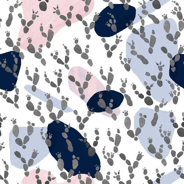 Abstract minimalist seamless pattern. Pastel rose, blue and black stains with watercolor monochrome gray cactus plants on white background