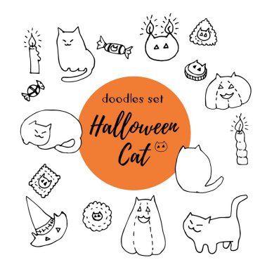Cadılar Bayramı kedi vektör ayarlayın. Şişman kediler, pumpkins, şapkalar, tanımlama bilgileri, mumlar ve şekerler elle çizilmiş mürekkep doodles