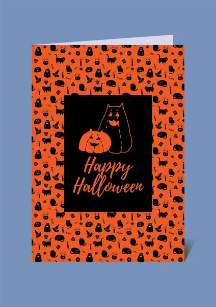 Смешные и милые векторные открытки на Хэллоуин в черном и оранжевом. Две кошачьи вырезанные тыквы — стоковый вектор