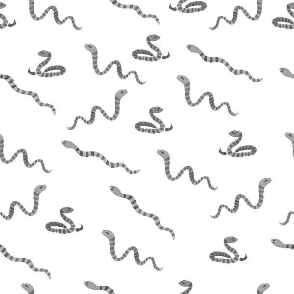 Moderna aquarela bonito cinza cobras sem costura padrão no fundo branco. Snake bebês sentados, correndo e brincando — Fotografia de Stock