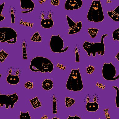 Cadılar Bayramı vektör seamless modeli. Elle çizilmiş mürekkep şişman kediler, pumpkins, şapkalar, tanımlama bilgileri, mumlar ve şekerler doodles. Mor siyah