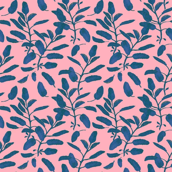 Blue sage branches and leaves seamless surface pattern isolated on pastel pink background. Botanical modern watercolor illustration