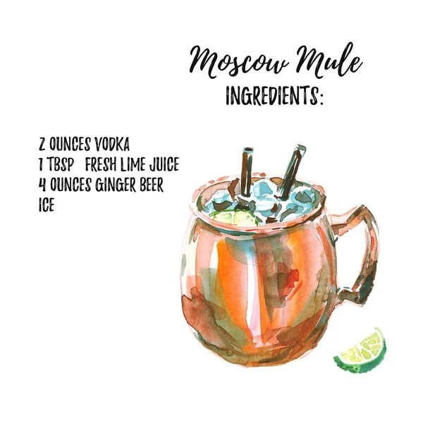 Vodka based Moscow Mule cocktail with ingridients list. Watercolor illustration of the long drink in a copper mug with lime. Hand drawn, isolated on white background — Stock Photo, Image
