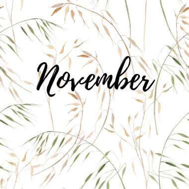 Kasım tipografi elle çizilmiş suluboya arka plan üzerinde beyaz yulaf ile komut dosyası. Gösterim amacıyla poster, kartpostal, tebrik kartı, davet şablonu. Kavram Kasım reklam