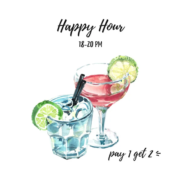 Happy hour hand drawn watercolor illustration with two cocktails. Cosmopolitan and moscow mule fresh cocktails garnished with lime, top front view. — Stock Photo, Image