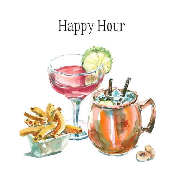 Happy hour hand drawn watercolor illustration with two cocktails and appetizers. Fresh cocktails garnished with lime, top front view. Cosmopolitan and moscow mule in a copper mug. — Stock Photo, Image