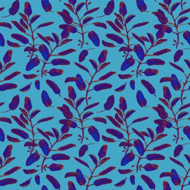 Mavi adaçayı dalları ve pastel mavi arka plan üzerinde izole kesintisiz yüzey deseni bırakır. Botanik modern suluboya resim