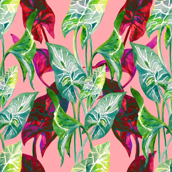 Tropical hojas rojas y verdes sin costura patrón vertical. Ilustración acuarela dibujada a mano aislada sobre fondo rosa pastel . —  Fotos de Stock