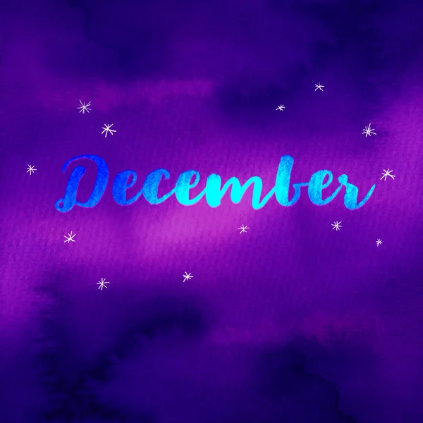 Tipográfiai betűk a szó December akvarell textúra mély sötét kék és rózsaszín lila háttér a csillagok — Stock Fotó