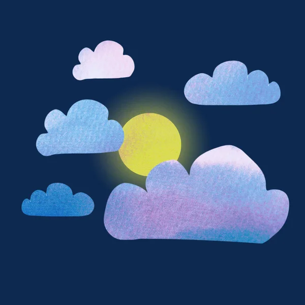 Maan uit. Schattig minimale cartoon stijl illustratie van blauwe roze wolken met aquarel textuur en de glanzende maan op de nacht donker blauwe hemelachtergrond — Stockfoto