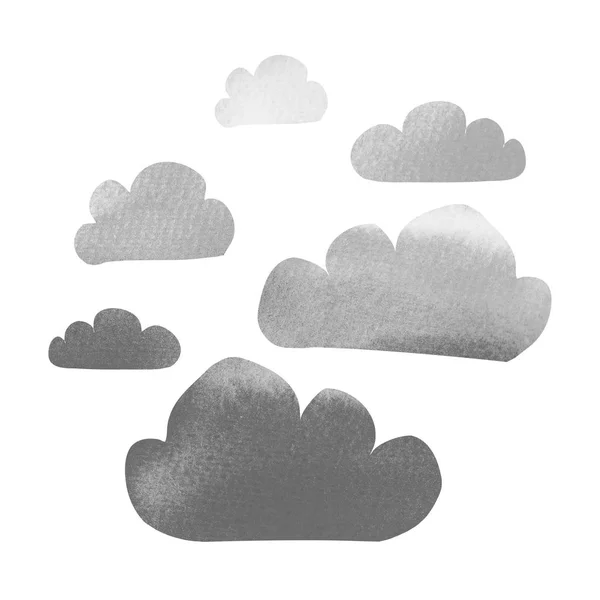 Monokroma bläck och akvarell grå moln uppsättning isolerad på vit bakgrund. Handmålade — Stockfoto