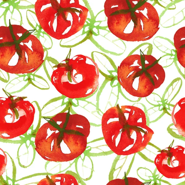 Modello superficie acquerello senza soluzione di continuità da pomodori freschi maturi e basilico verde su sfondo bianco. Pomodori freschi posa piatta, vista dall'alto . — Foto Stock