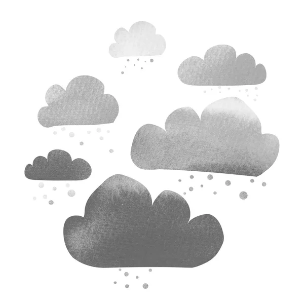 Söta minimal tecknade stil svartvit illustration av snöar grå moln med akvarell konsistens. Isolerad på vit bakgrund — Stockfoto