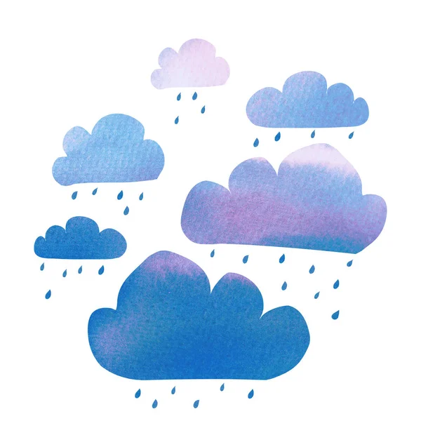 Bonito ilustração estilo cartoon mínimo de azul rosa nuvens chuvosas com gotas de chuva caindo com textura aquarela. Isolado sobre fundo branco — Fotografia de Stock