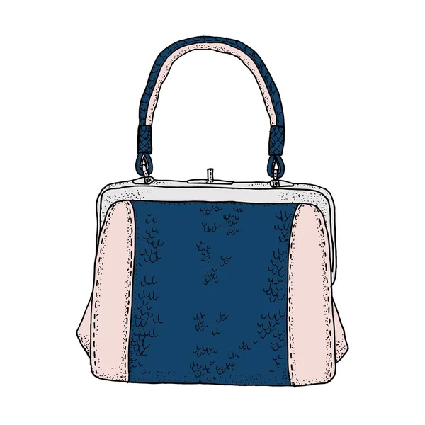 Illustrazione vettoriale da inchiostro disegnato a mano schizzo di una borsa a mano colorata in pastello rosa pallido e indaco blocchi di colore blu della stagione della moda invernale — Vettoriale Stock
