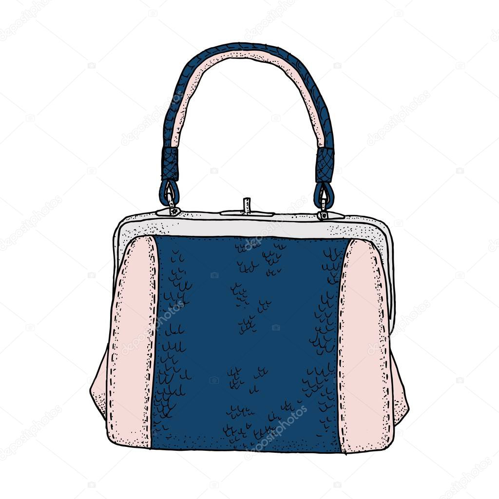 Vector illustration from ink hand drawn sketch of a hand bag colored in pastel pale pink and indigo blue color blocks of winter fashion season