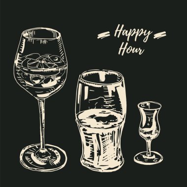 Happy hour kümesi içer. Vektör çizim, tebeşir yazı tahtası stili. Bir kokteyl, bira cam, grappa cam ile şarap kadehi