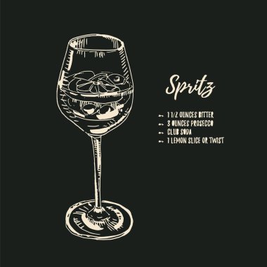 Menü tasarımı vintage tarzı, tahtaya tebeşir ile çizim vektör çizim. İtalyan spritz kokteyl ingridients ile. Acı, prosecco, gazoz, limon