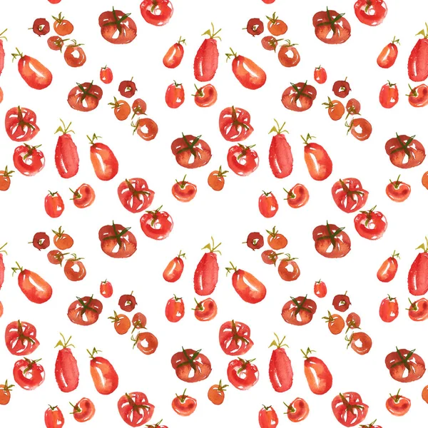 无缝的背景从红色成熟的樱桃 李子西红柿在白色的背景 新鲜的农民蔬菜 手绘现代简约水彩画 — 图库照片