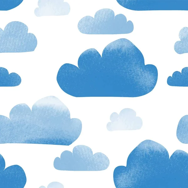 Söt akvarell textur blå vektor moln isolerad på vit bakgrund sömlösa mönster. Handmålade, tecknad stil. Idealisk för barn — Stock vektor