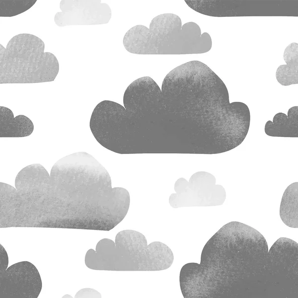 Minimalistisk skandinavisk akvarell struktur grå vektor moln isolerad på vit bakgrund sömlösa mönster. Handmålade, tecknad stil. Idealisk för barn — Stock vektor