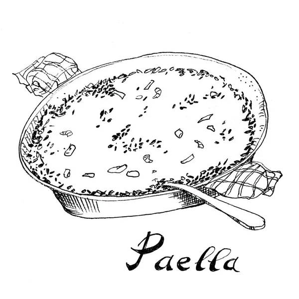 Prato típico espanhol tradicional paella. Ilustração a tinta preta desenhada à mão sobre fundo branco — Fotografia de Stock