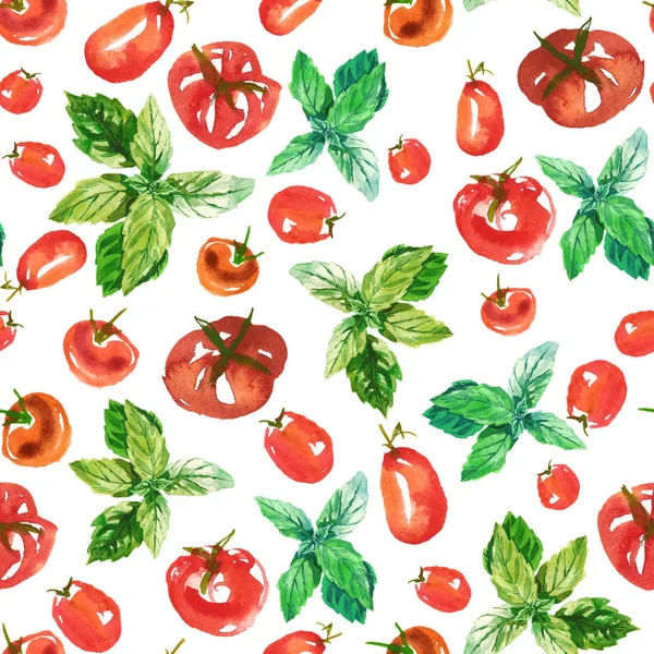 Απρόσκοπτη ακουαρέλα επιφάνειας μοτίβο από φρέσκιες ώριμες ντομάτες και πράσινες βασιλικό σε άσπρο φόντο. Φρέσκες ντομάτες επίπεδη lay, άποψη από ψηλά. — Φωτογραφία Αρχείου