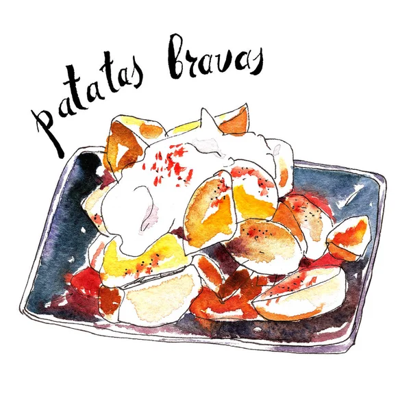 Batatas picantes.Prato tradicional de tapas espanholas chamado patatas bravas. Tinta desenhada à mão e ilustração aquarela isolada em branco — Fotografia de Stock