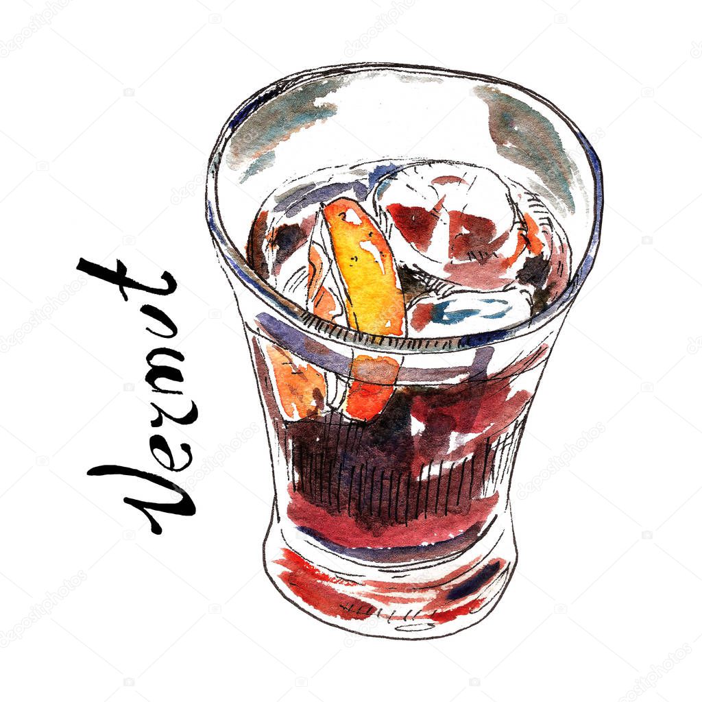 Vermouth in the glass watercolor illustration. Traditional Spanish aperitif drink. Isolated on white
