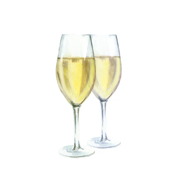 Akwarela ilustracja dwa kieliszki szampana, na białym tle — Zdjęcie stockowe