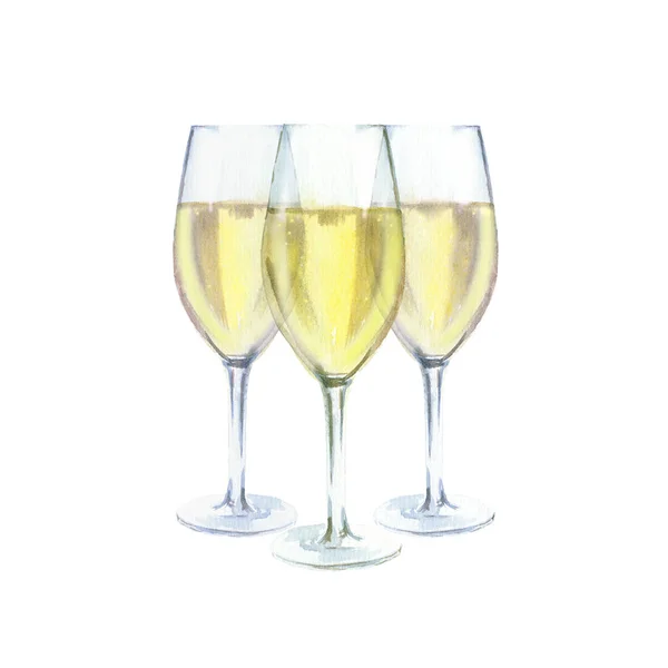 Tre champagneglas akvarell illustration, isolerad på vit bakgrund — Stockfoto