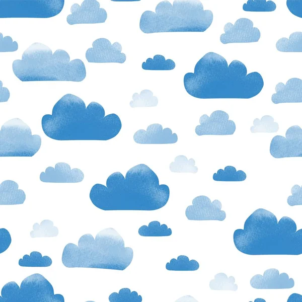 Söta minimal tecknade stil sömlösa mönster med blå moln med akvarell konsistens. Isolerad på vit bakgrund — Stockfoto
