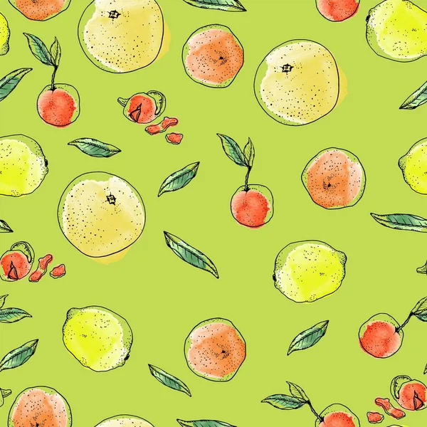 Tinta, akvarell vázlat citrusfélék minta akvarell sárga zöld háttér. Grépfrút, narancs, narancs, citrom, mandarin, mandarin, héj, zöld levelek. — Stock Fotó