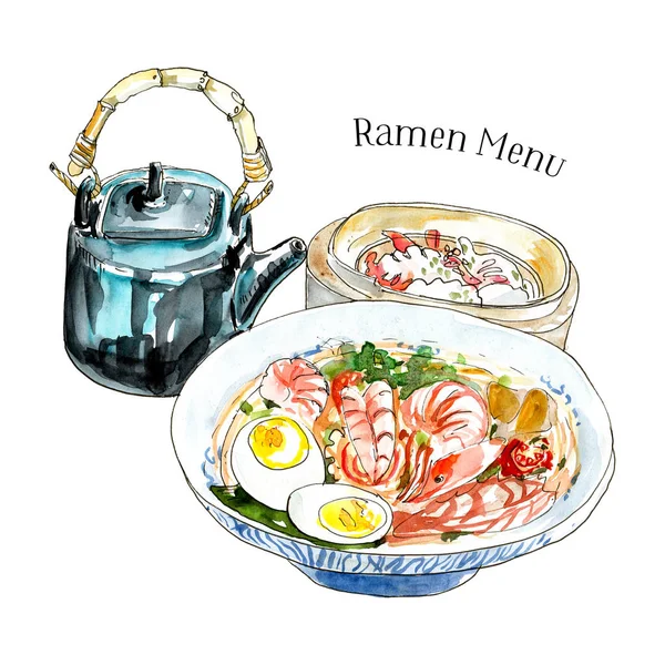 Traditionele Japanse keuken lunch met ramen noedels soep, Dim Sum en waterkoker. Inkt en aquarel illustratie — Stockfoto