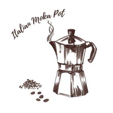 İtalyan moka kahve gazer pot vektör illüstrasyon. Fırça mürekkepli kalemle çizilmiş el. Kahve makinesi öğütülmüş kahve ve kara tahta üzerine kahve çekirdekleri.