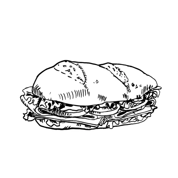 Disegnato a mano in inchiostro schizzo panino sub. Illustrazione vettoriale in bianco e nero vintage. Oggetto isolato su sfondo bianco. Design del menu — Vettoriale Stock